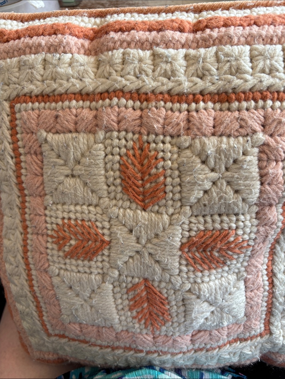 Handcrafted Vintage Textured Throw Pillow in Cream & Peach